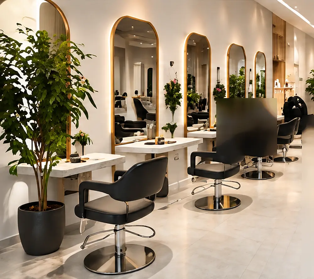 Stylist đang chia tóc thành từng phần và cắt tầng bằng kéo tỉa cho khách tóc dày